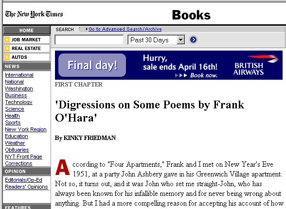 FIRST CHAPTER: Digressions on Some Poems by Frank O'Hara, By KINKY FRIEDMAN